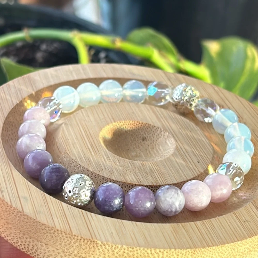 Handmade Lepidolite + Opalite Crystal Beaded Bracelet
